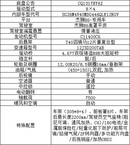國(guó)六30方紅巖前四后八400馬力供液車底盤技術(shù)參數(shù)